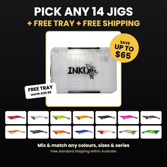 Pick any 14 Inku squid jigs: free jig tray worth $39.99 plus free shipping, save up to $65